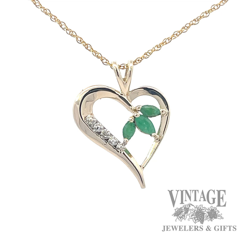Emerald and diamond 10k yellow gold heart pendant