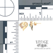 Ruby and diamond open heart 14k gold stud earrings back and scale