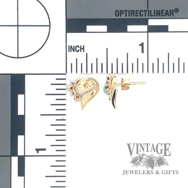 Ruby and diamond open heart 14k gold stud earrings back and scale
