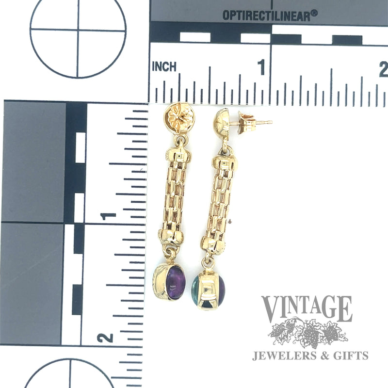 Aquamarine and amethyst 14k gold drop earrings scale
