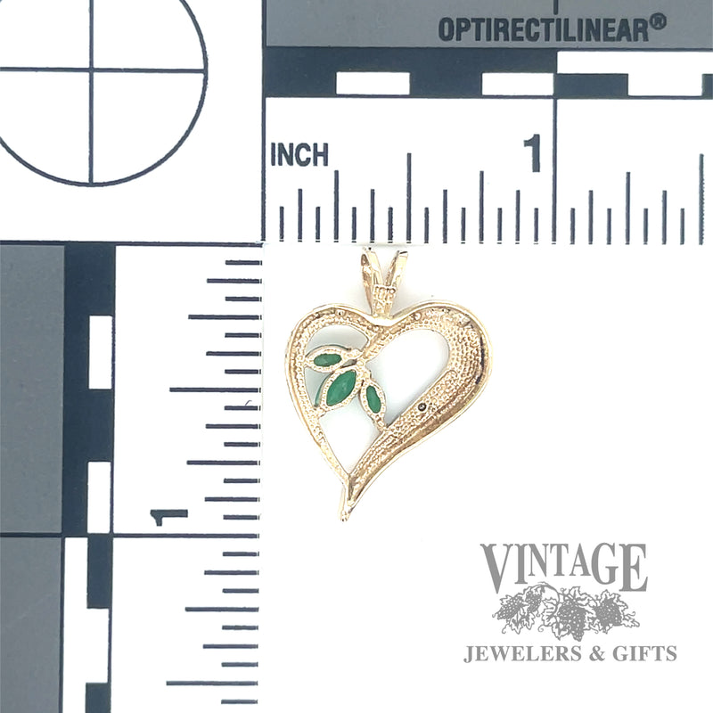 Emerald and diamond 10k yellow gold heart pendant back and scale