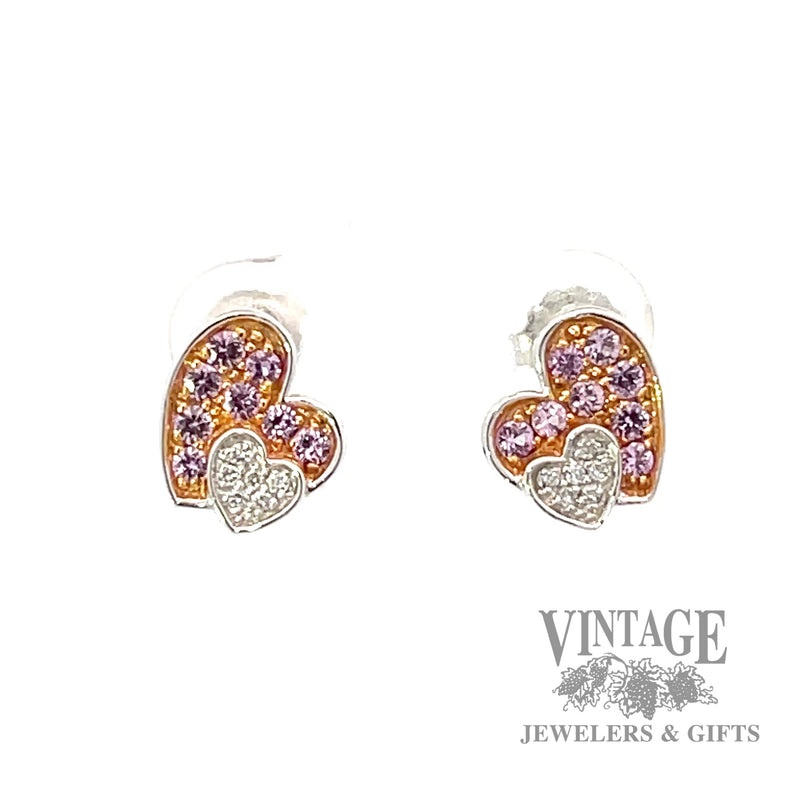 White gold pink sapphire heart shaped diamond earrings.
