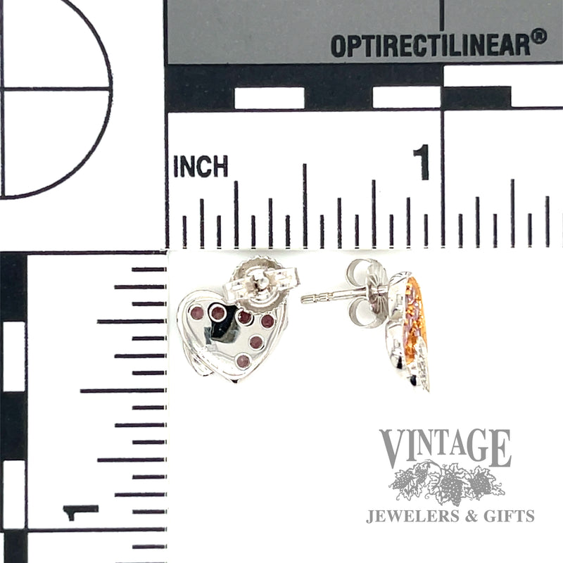 White gold pink sapphire heart shaped diamond earrings.