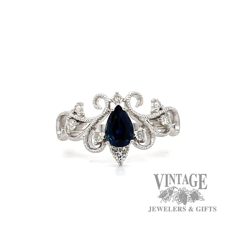 Blue Sapphire and diamond filigree ring