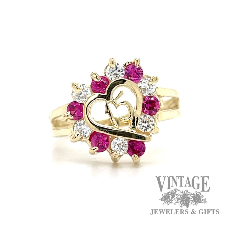 Quinceañera pink and white CZ 14k gold heart ring