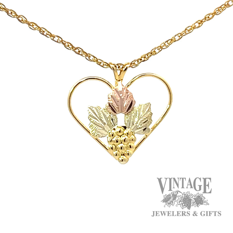 Black Hills gold grape and leaf heart 10k gold pendant 