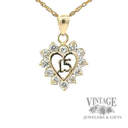 Quinceañera open heart diamond halo 14k gold pendant