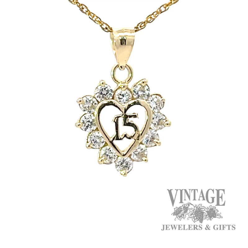 Quinceañera open heart diamond halo 14k gold pendant