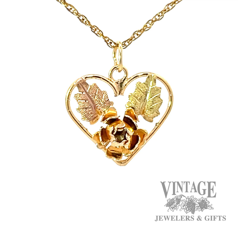 Black Hills Gold rose and leaf heart pendant