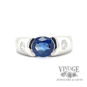 East/West blue sapphire and diamond platinum ring