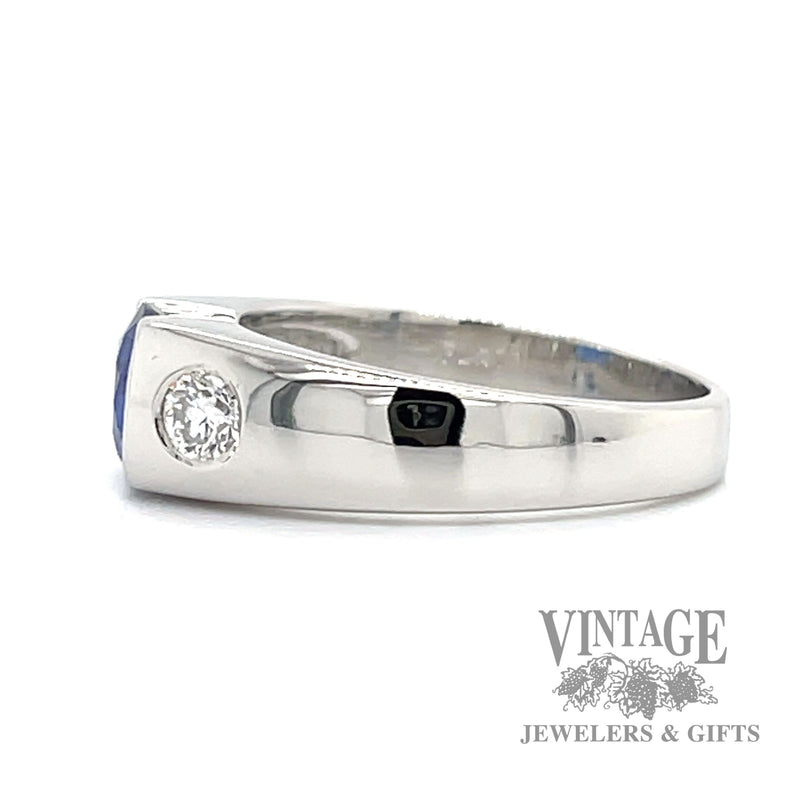 East/West blue sapphire and diamond platinum ring side1