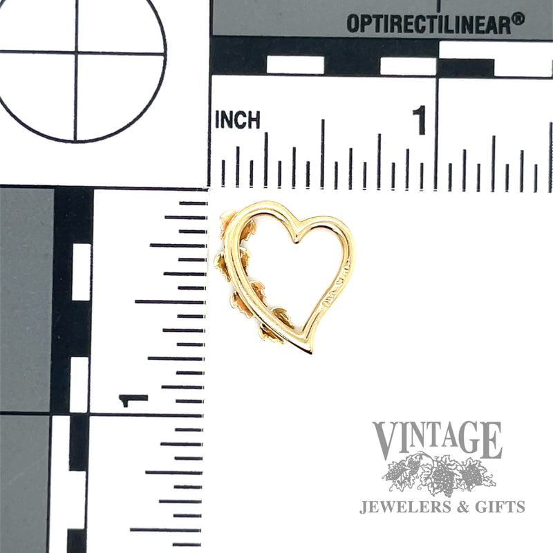 Black Hills Gold open heart and leaf 10k gold pendant back and scale