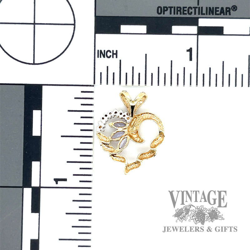 Tanzanite and diamond 10k gold heart pendant back and scale