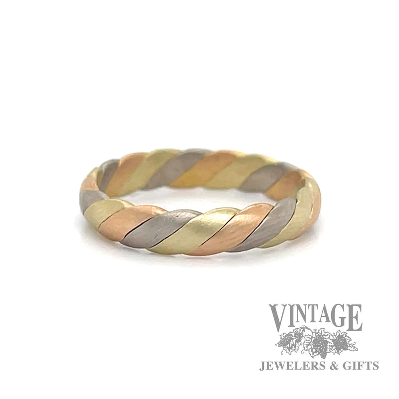 Twisted tri color, rose, yellow and white 18k gold ring band side1
