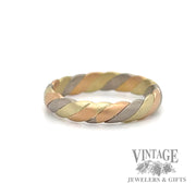 Twisted tri color, rose, yellow and white 18k gold ring band bottom
