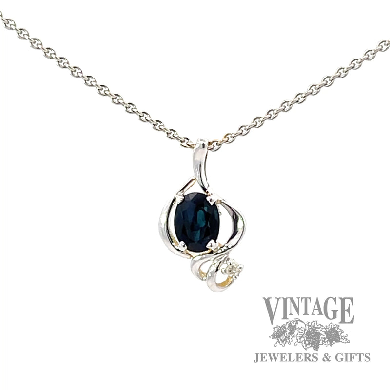 Blue sapphire and diamond 14k white gold freeform pendant