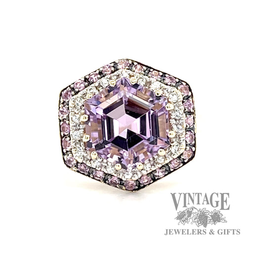 Amethyst and diamond double halo 14k gold ring