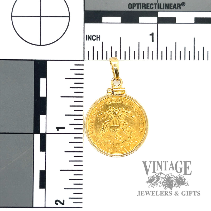1881 Liberty Head Gold coin in pendant bezel back and scale