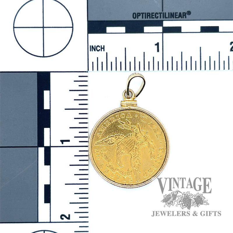 1901 Liberty Head Gold coin in pendant bezel back and scale