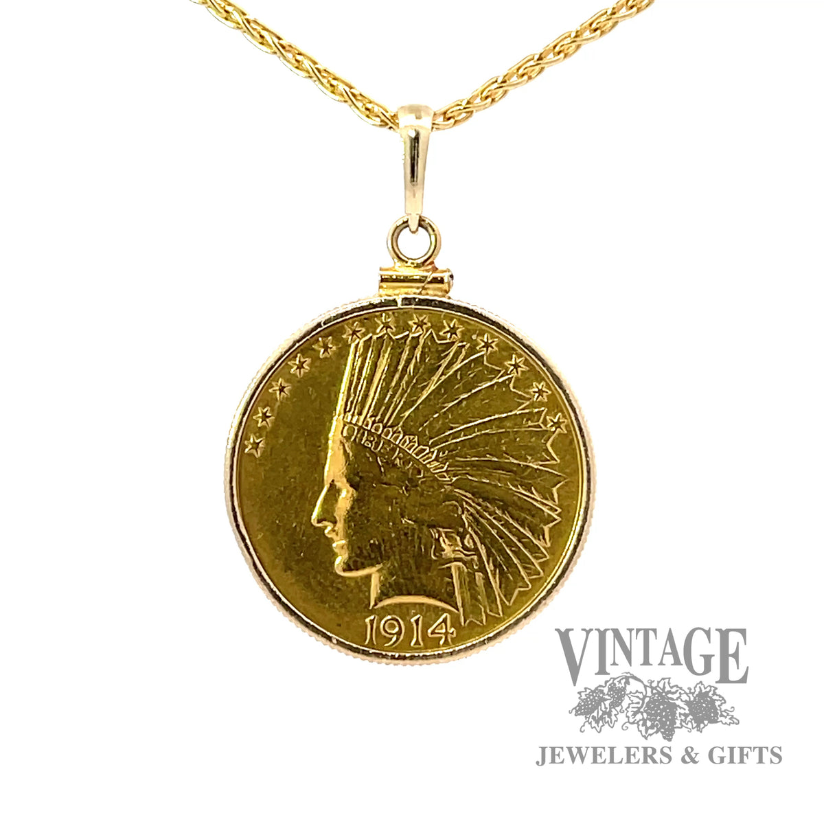 1914 Indian Head $10 gold coin in pendant bezel — Vintage Jewelers