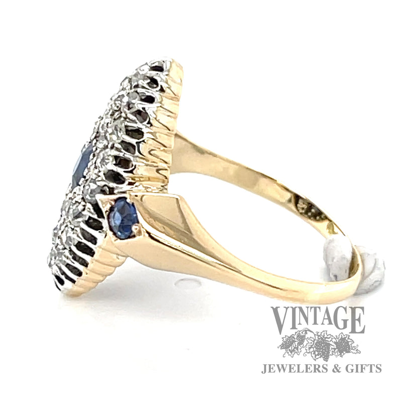 Antique diamond and sapphire navette 18k gold ring side