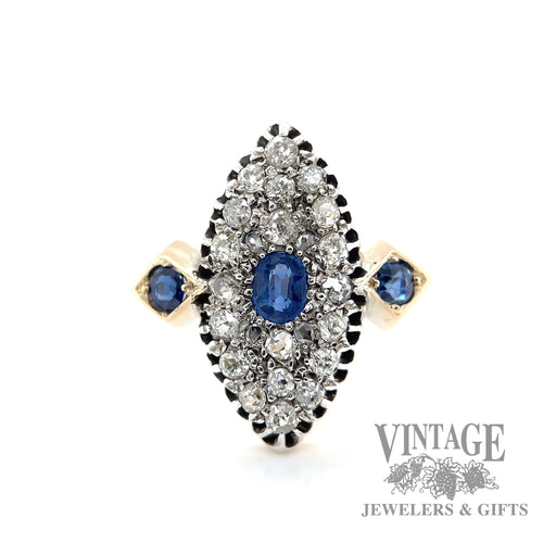 Antique diamond and sapphire navette 18k gold ring