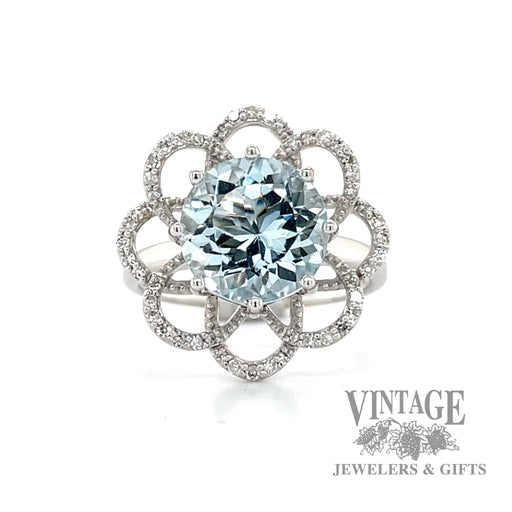 Aquamarine and diamond 14k white gold flower ring