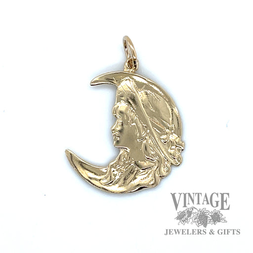 Art nouveau gazing woman crescent moon 14k gold pendant