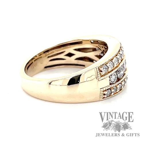 Triple row 10k gold natural diamond ring band side