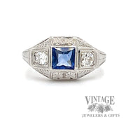 Antique 18k white gold diamond and sapphire ring