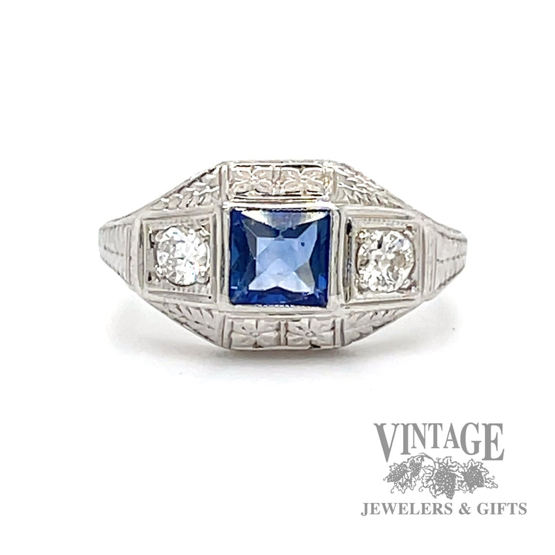 Antique 18k white gold diamond and sapphire ring