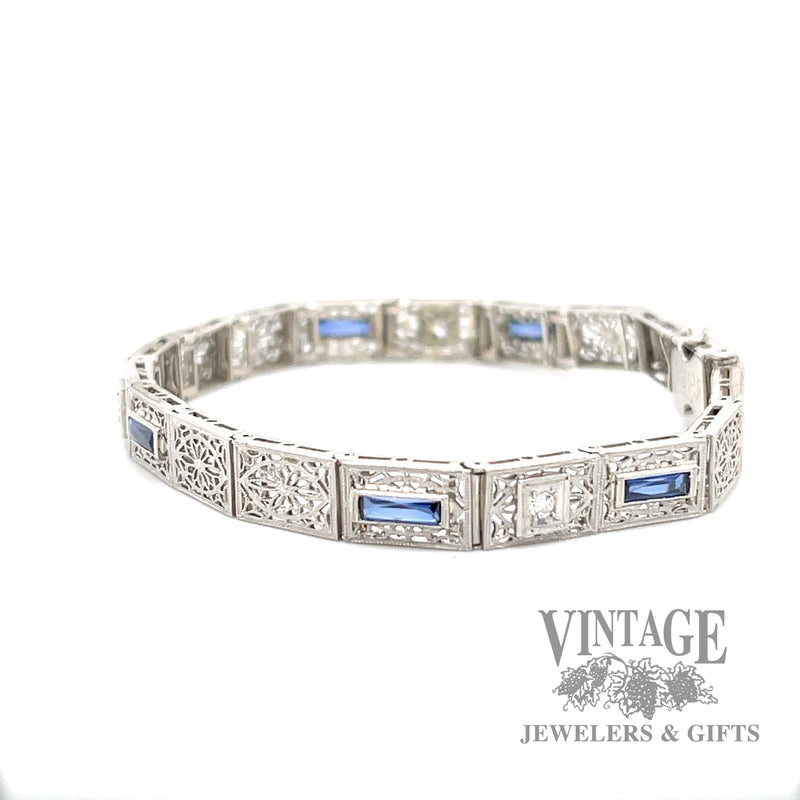 7" Antique filigree sapphire and diamond 14k white gold with platinum bracelet side1