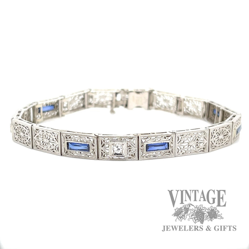 7" Antique filigree sapphire and diamond 14k white gold with platinum bracelet front