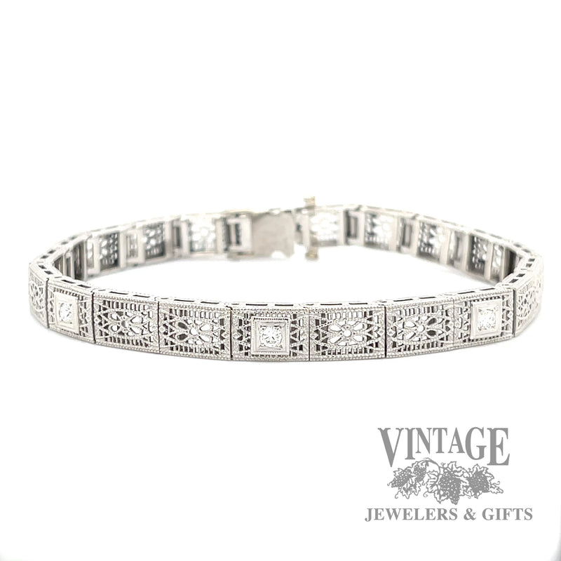 7" Antique filigree diamond 14k white gold with platinum bracelet front