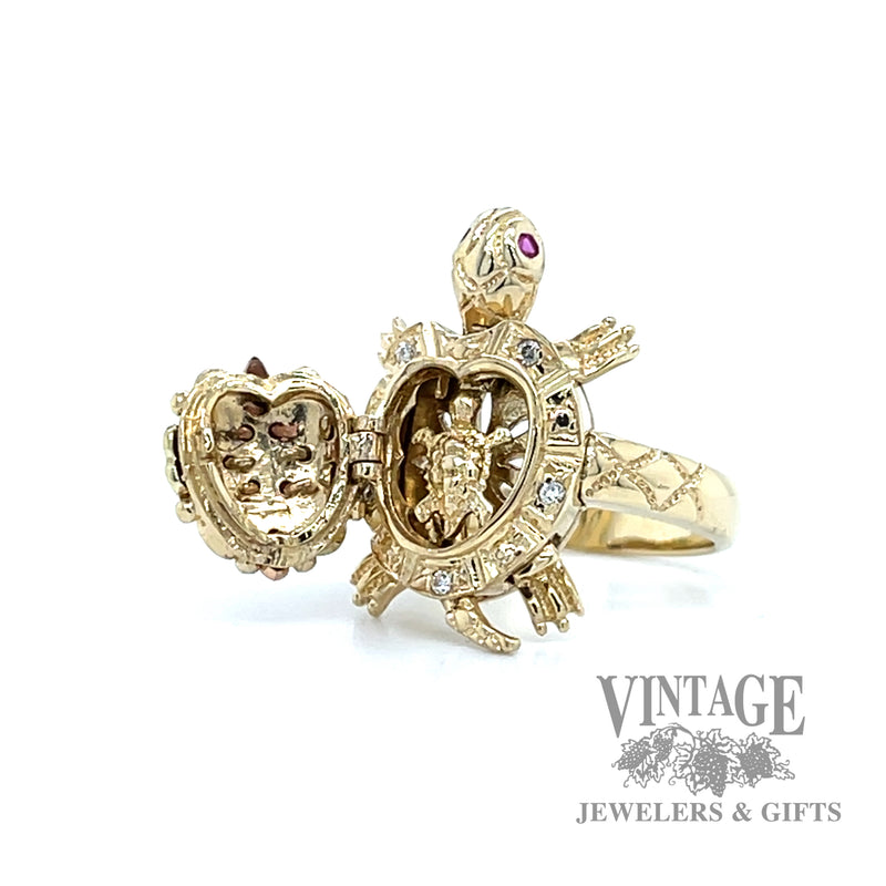 Diamond and ruby 14k black hills gold turtle ring open