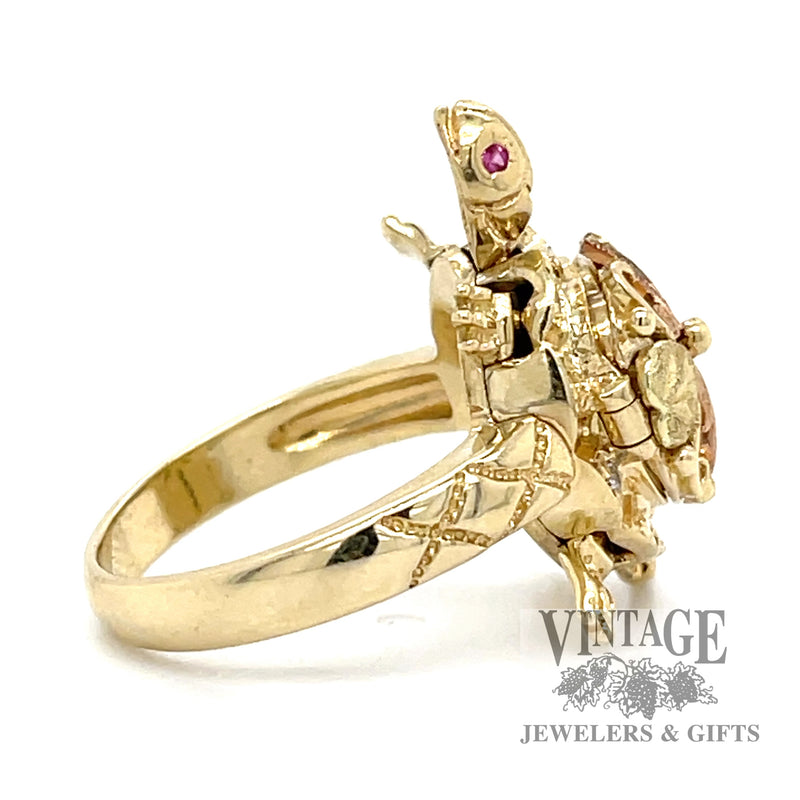 Diamond and ruby 14k black hills gold turtle ring