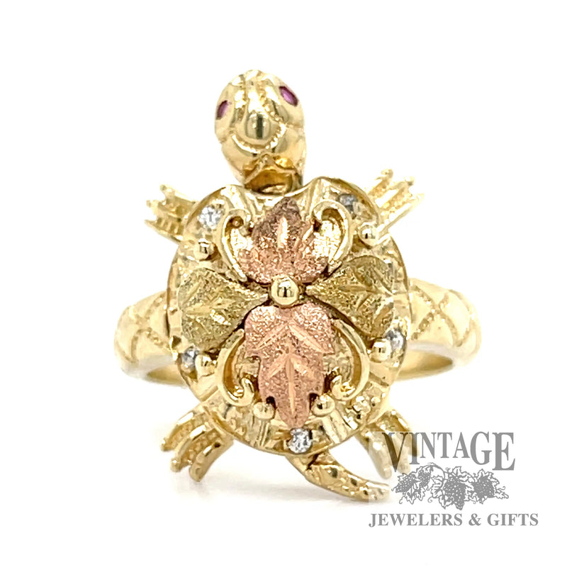 Diamond and ruby 14k black hills gold turtle ring