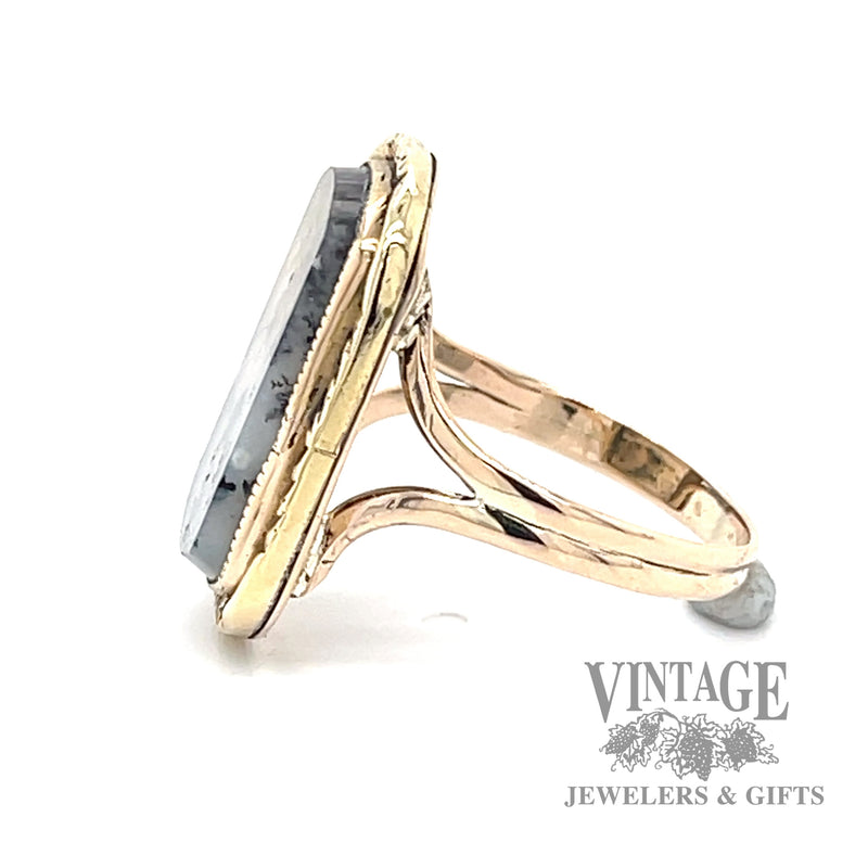 Moss agate 10k gold bezel ring side