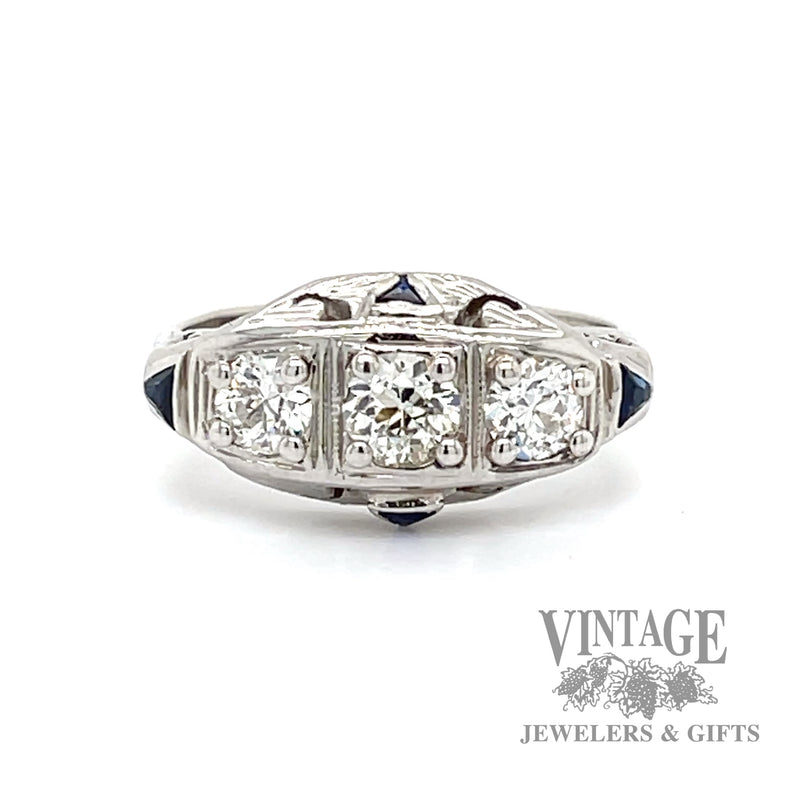 Antique 1.06 ctw old european diamond and sapphire 14k gold ring