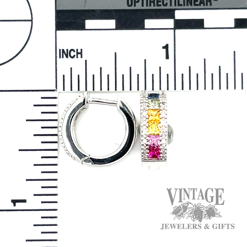 Rainbow sapphire and diamond 14kw gold huggie earrings scale