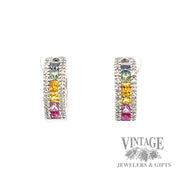 Rainbow sapphire and diamond 14kw gold huggie earrings
