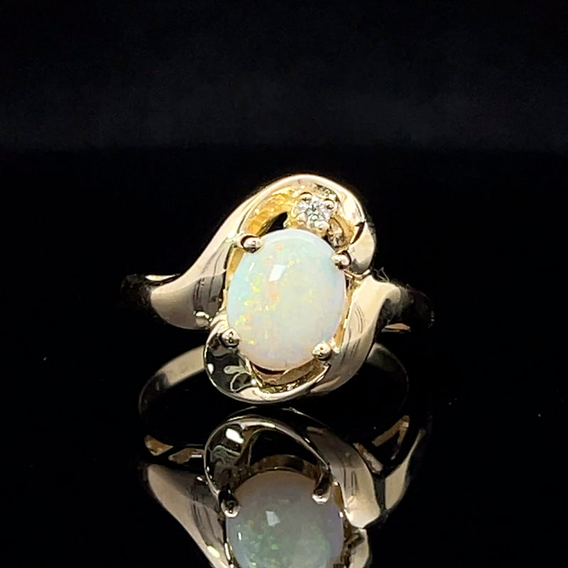 Opal and diamond 14k gold freeform ring