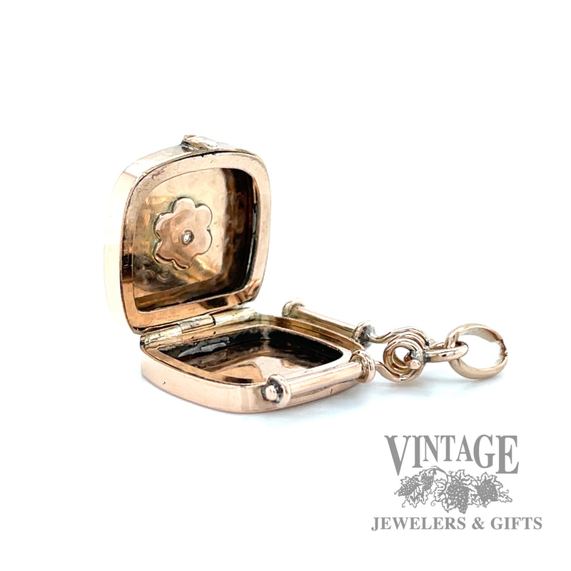 Antique 9k rose gold square locket with diamond accent