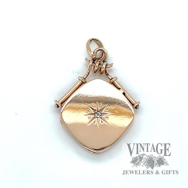 Antique 9k rose gold square locket with diamond accent