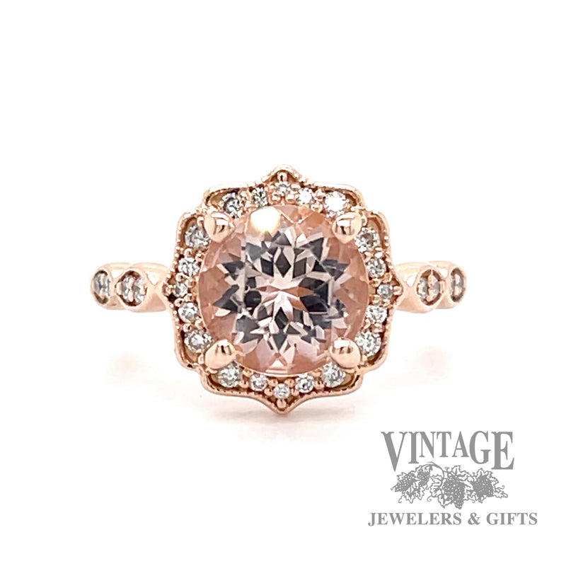 Morganite and diamond 14k rose gold halo ring