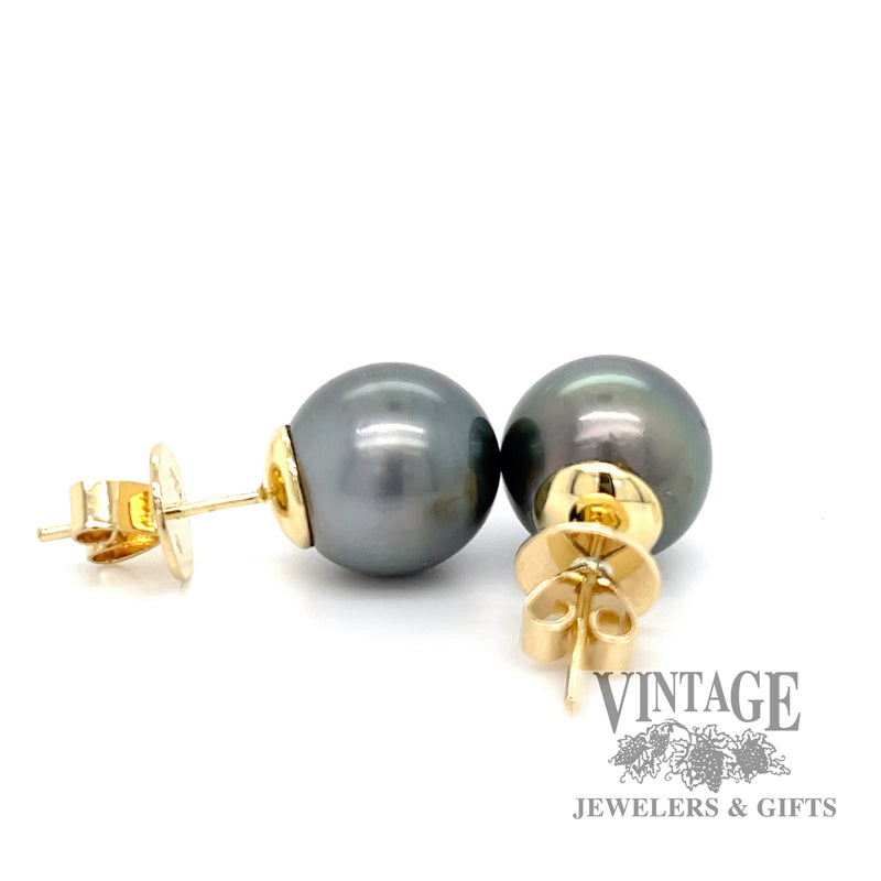 12 mm Tahitian pearl 18k gold stud earrings. side back