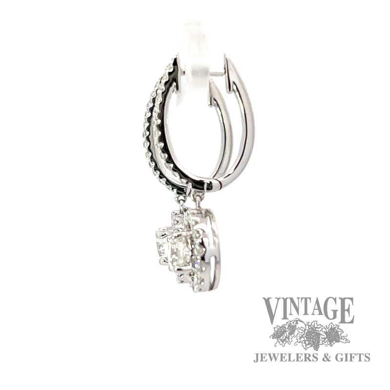 1.3 CTW natural diamond halo 18kw gold drop earrings. side