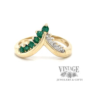 Natural emerald and diamond chevron shaped 14k gold ring band