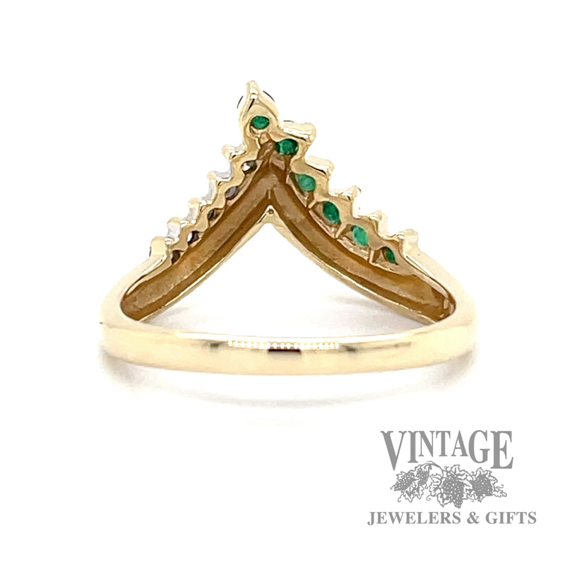 Natural emerald and diamond chevron shaped 14k gold ring band bottom