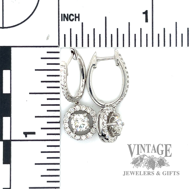 1.3 CTW natural diamond halo 18kw gold drop earrings. scale